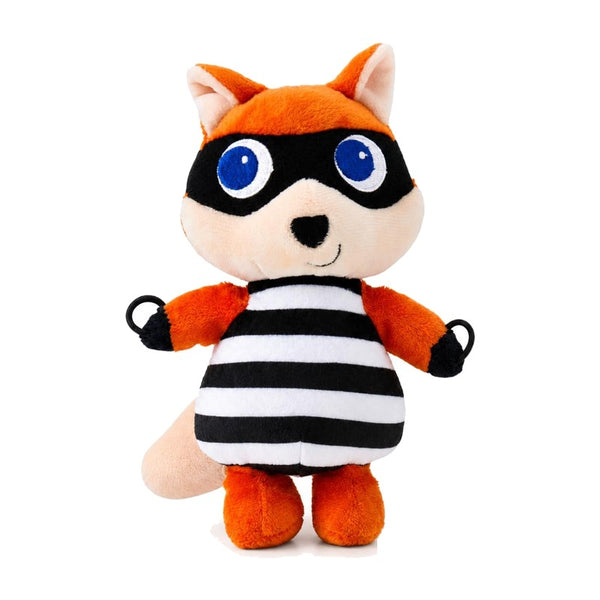 Fox bandit plush toy in a stripy jumper and mask