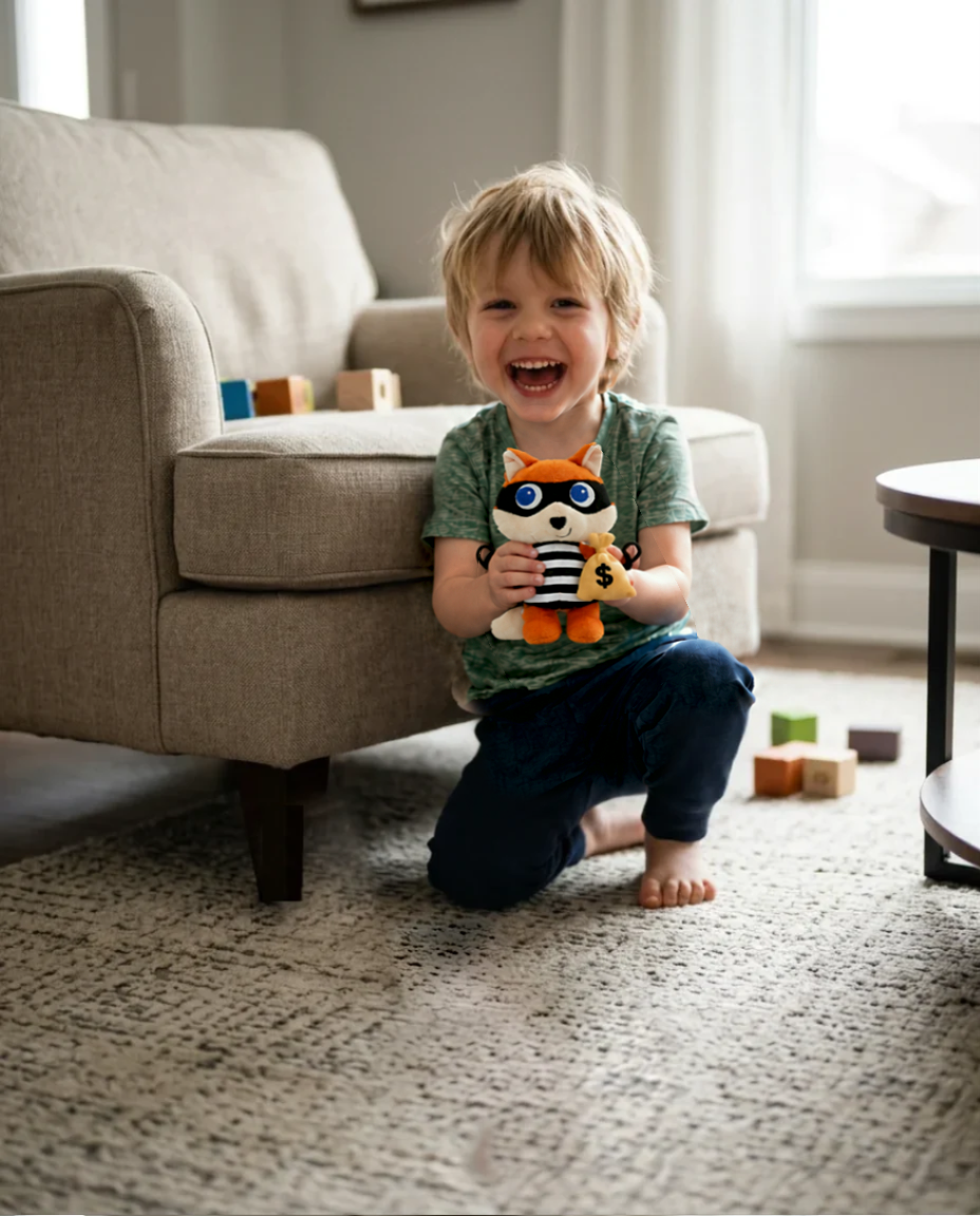 Laughing toddler holds up the 15cm fox bandit plush