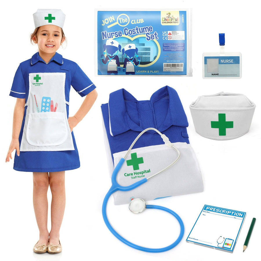 Girl in the nurse costume with the stethoscope and kit laid out beside her