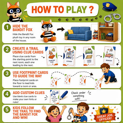 Illustrated five-step guide to setting up and playing the police scavenger hunt with the fox and clue cards