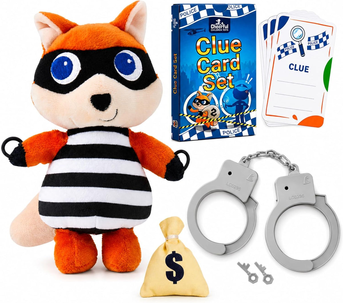 Police scavenger hunt set with fox bandit plush, clue cards, toy handcuffs, keys and play money bag