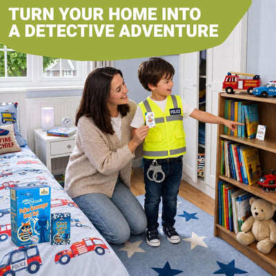 Adult and child playing a police scavenger hunt at home; police costume sold separately