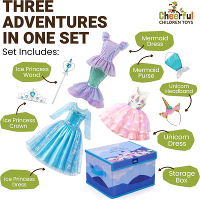 Princess costume set contents: three dresses, unicorn headband, mermaid purse, crown, wand and foldable storage box