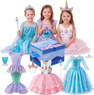 Princess costume collection with unicorn, mermaid and ice princess outfits, matching accessories and storage box