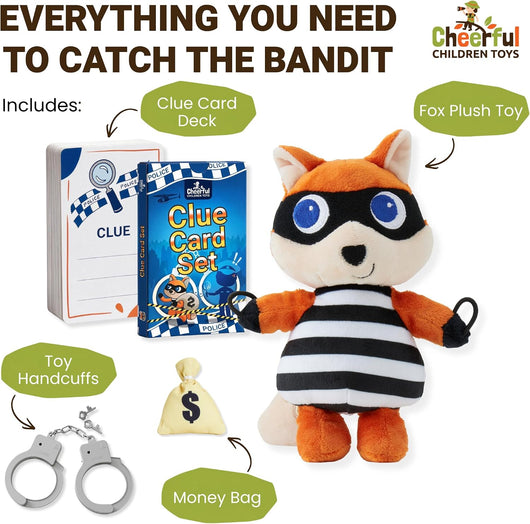 Police scavenger hunt contents labelled: fox plush, clue cards, toy handcuffs and play money bag