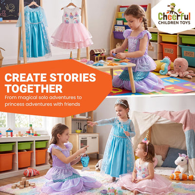 Children creating dress-up stories together in mermaid and ice princess costumes