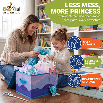 Adult and child putting princess costumes and accessories into the foldable storage box