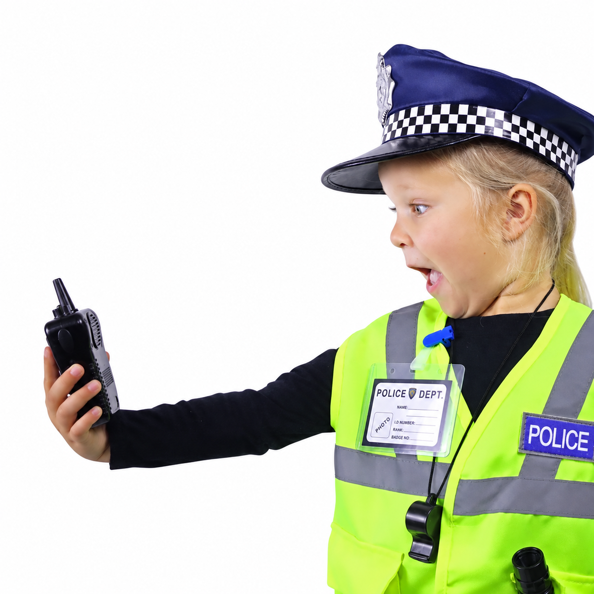 Girl wearing the Police Costume Set, talking into the toy walkie-talkie
