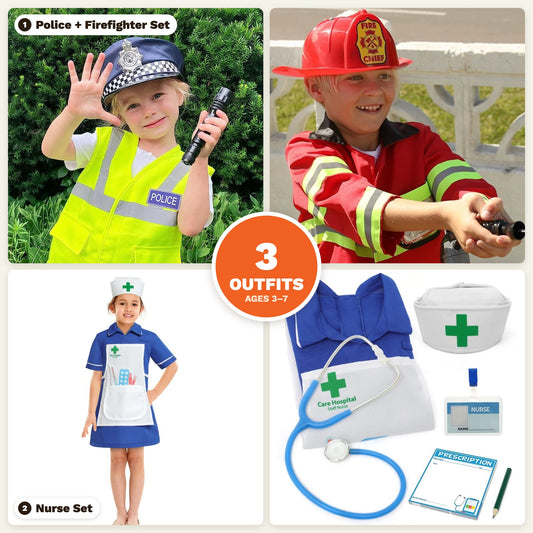 The Brave Responders Bundle: a boy in the police outfit waving, a boy in the firefighter outfit, and a girl in the nurse outfit with the green cross. Three outfits for ages 3 to 7