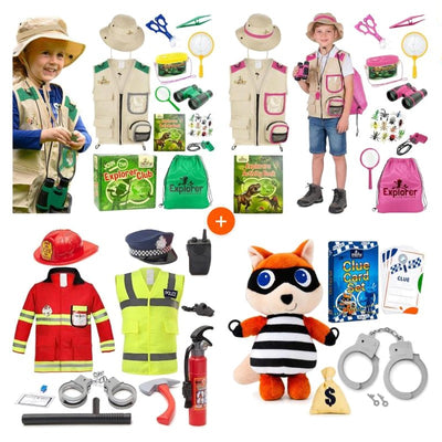 Green and Pink Explorer Kits with Activity Books, Police and Fireman Costume Set and Police Scavenger Hunt bundle
