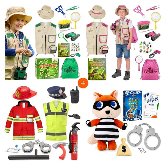 Green and Pink Explorer Kits with Activity Books, Police and Fireman Costume Set and Police Scavenger Hunt bundle