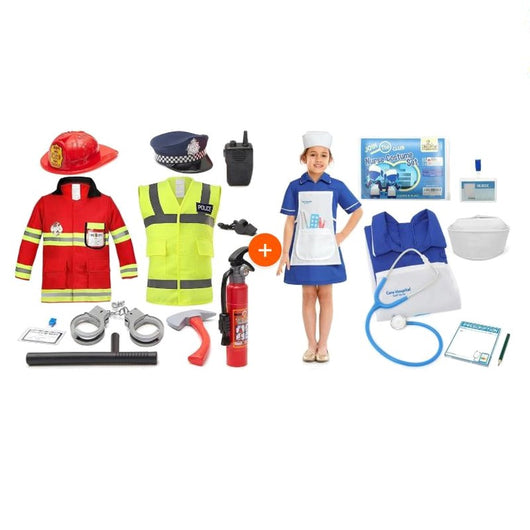 Police and Fireman Costume Set with Kids Nurse Costume bundle