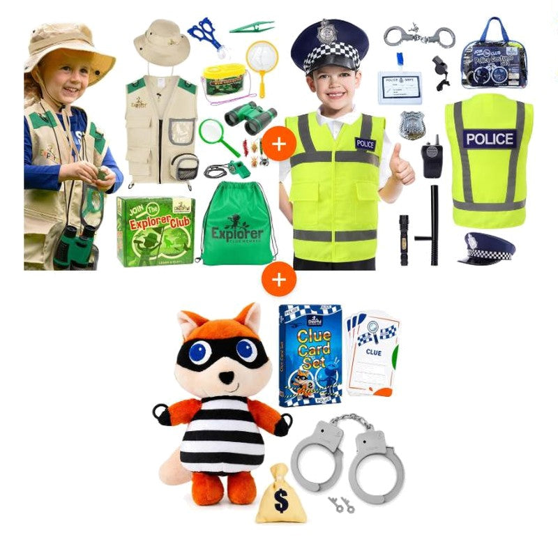 Explorer Kit, Police Costume Set and Police Scavenger Hunt Set bundle