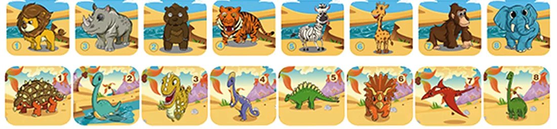 Sixteen pictures from the torch: eight animals including a lion, rhino, tiger and elephant, and eight dinosaurs including a Stegosaurus and Triceratops