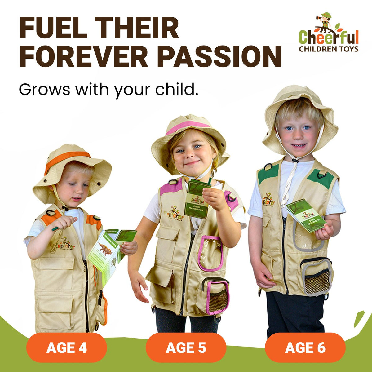 Fuel their forever passion. Grows with your child: three children aged 4, 5 and 6 in the same explorer kit