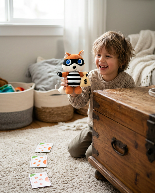 Boy in a police costume finds the 15cm fox bandit behind a wooden chest at the end of a trail of paw-print clue cards