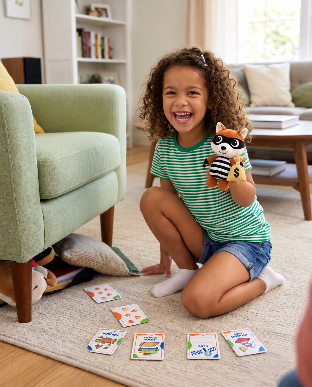 Girl holding the fox bandit plush after following the paw-print clue cards to his hiding spot by the armchair