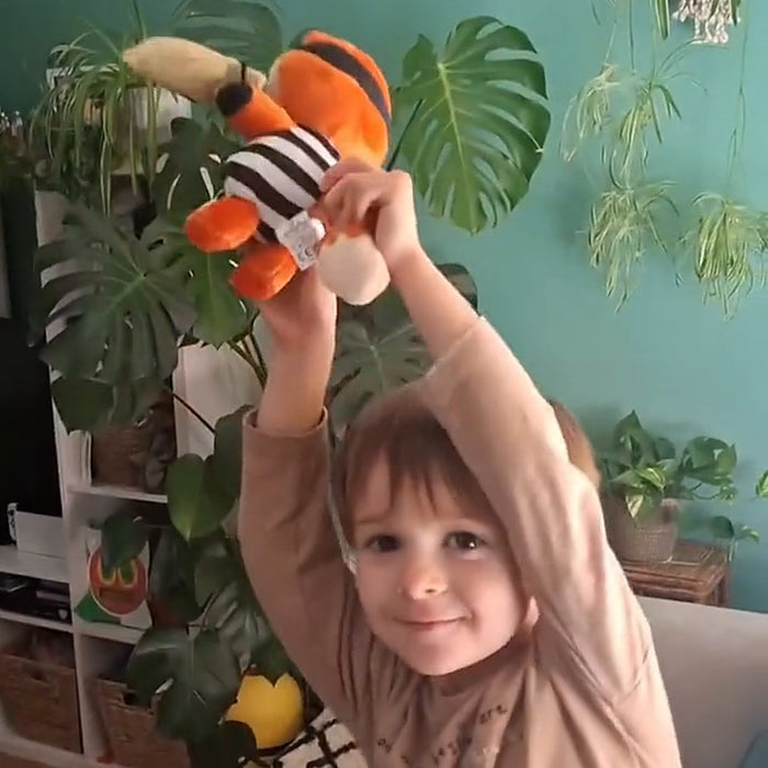 Boy holding the fox bandit up high after catching him