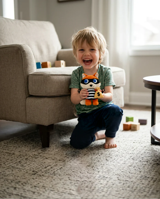 Laughing toddler holds up the 15cm fox bandit plush