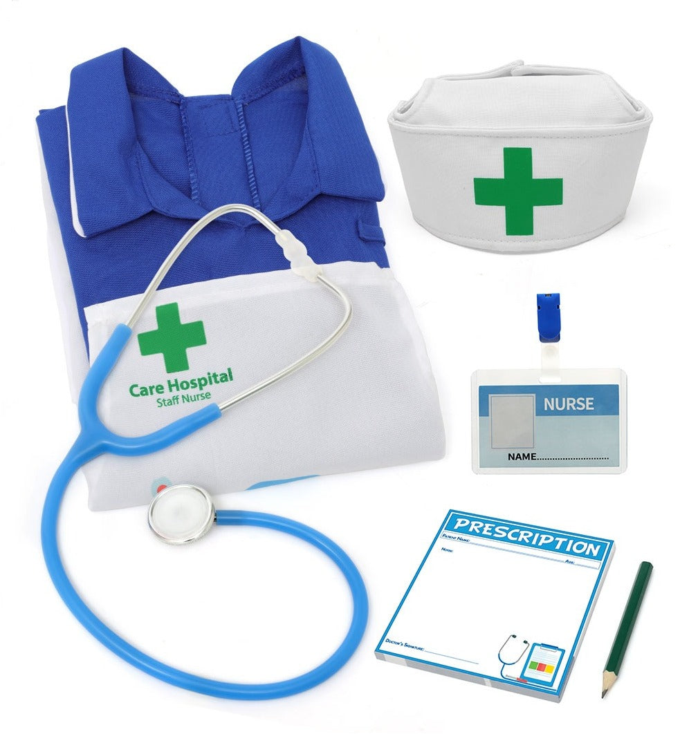 The pieces laid out: nurse dress and apron, stethoscope, cap, ID badge, prescription pad and pencil