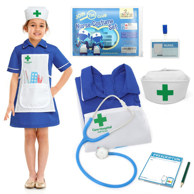 Girl in the nurse dress, apron and cap with the green cross, with every piece of the set laid out beside her