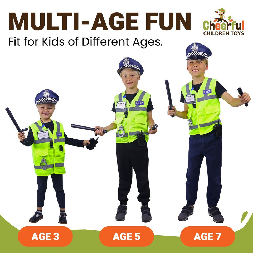 Three children aged 3, 5 and 7 wearing the same police set